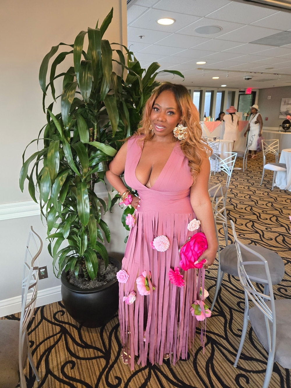 Elegant mauve Pink Fringe Floral Maxi Dress - Women
